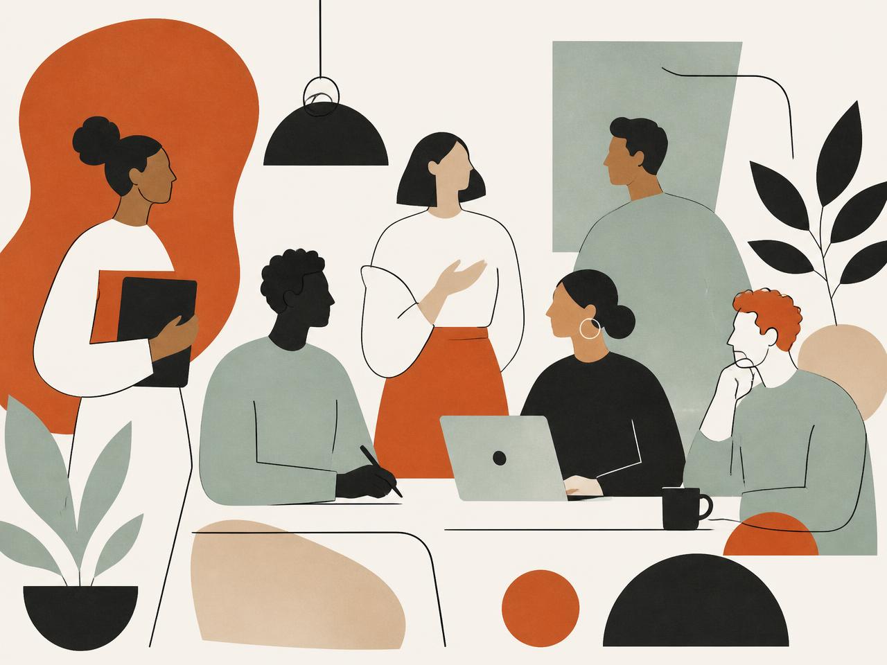 Illustration of a group of people, drawn as soft abstract shapes
