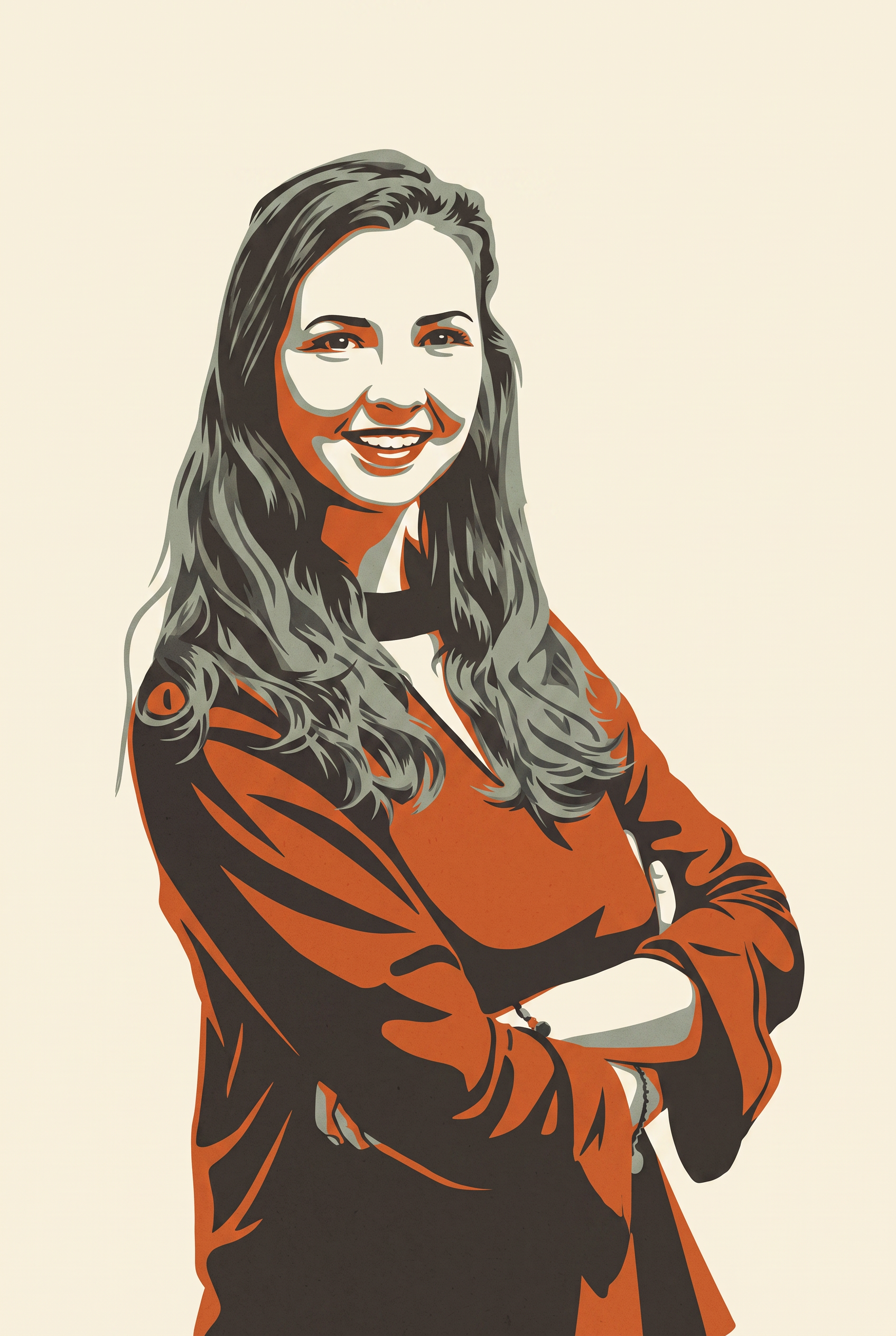 Illustrated portrait of Marelise, founder of Maclan Perform, in the brand's charcoal, orange and sage palette
